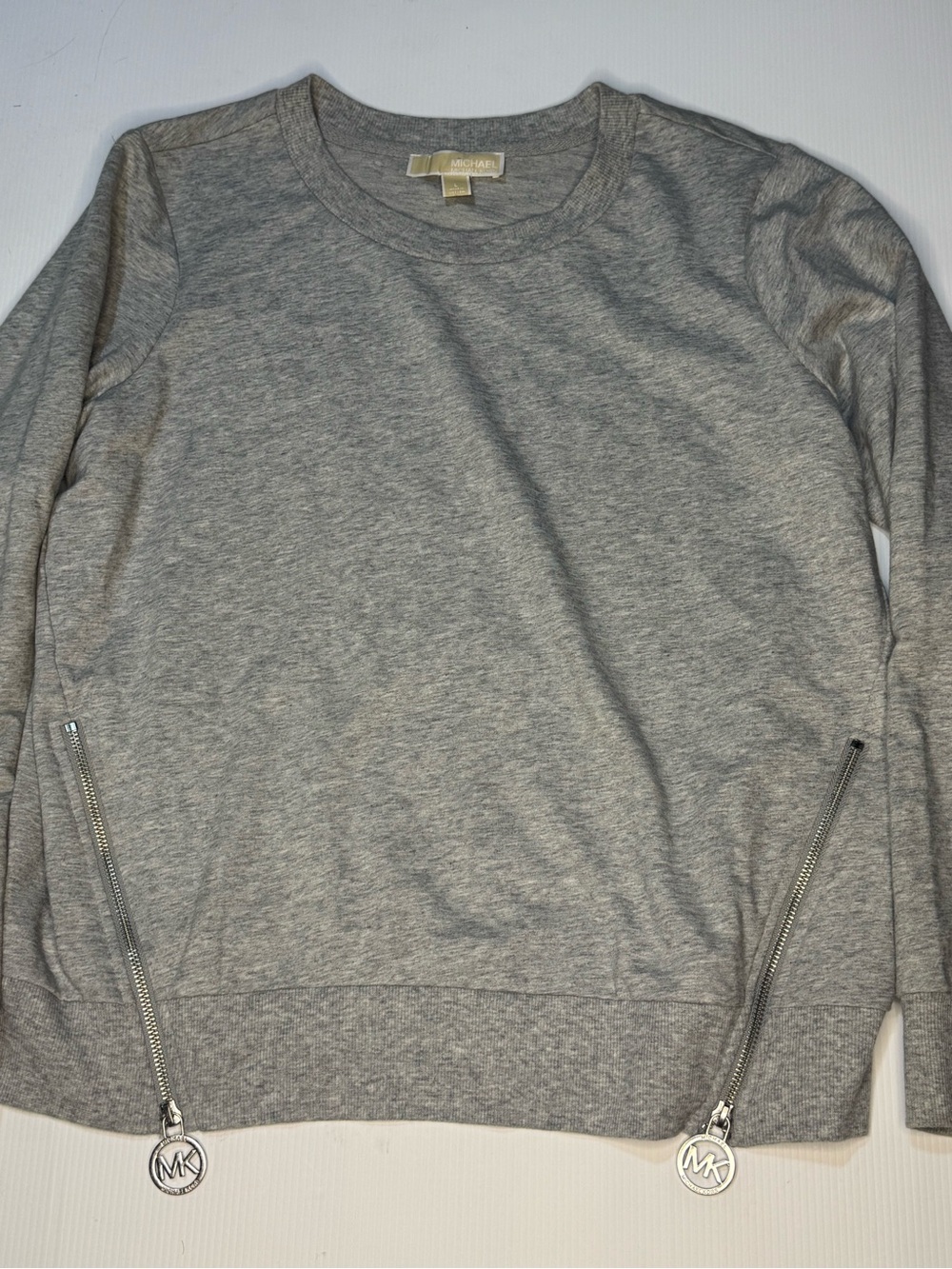 Michael Kors Light Gray Crewneck Sweater with MK Zip Pulls